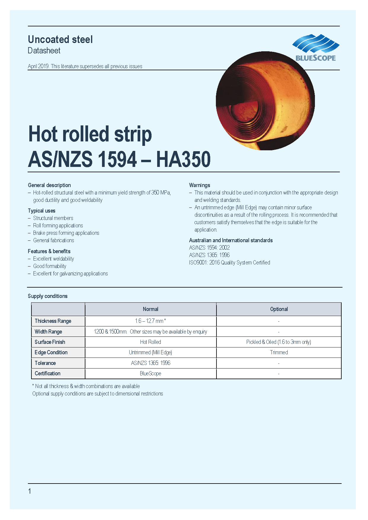 Uncoated Steel - AS/NZS 1594-HA350